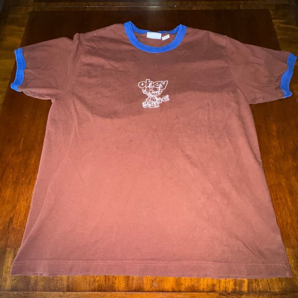 Obey Ringer T Shirt XL Brown Blue Skate Streetwear Graphic Tee